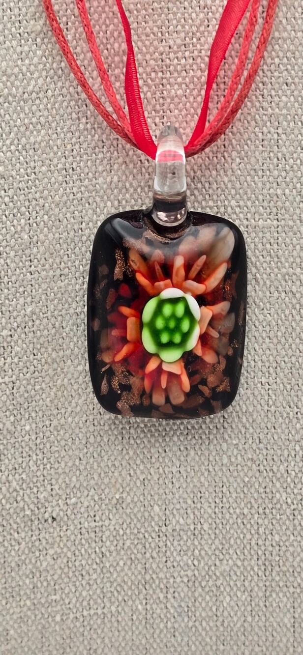 Art Glass Floral Pendant Necklace Red Ribbon Millefiori Style Bold Color Glass